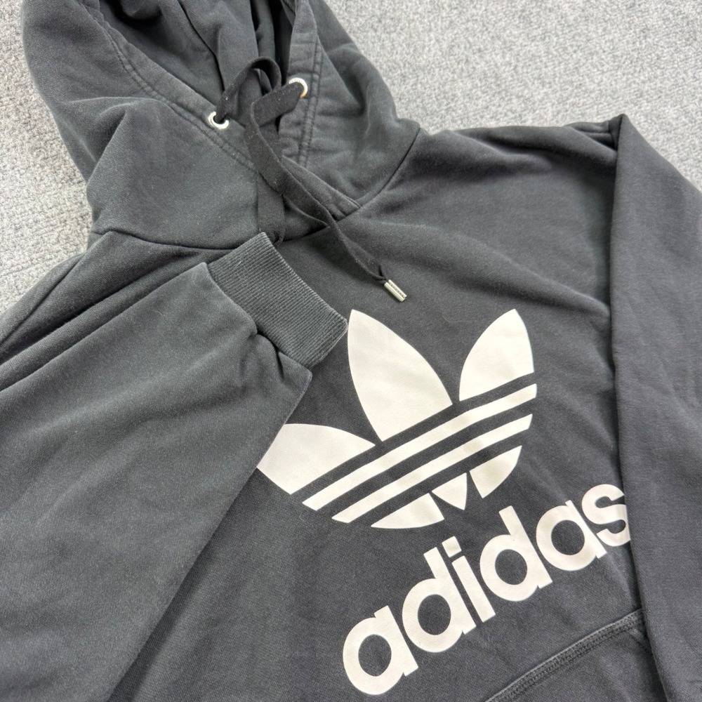 Adidas Trefoil Hoodie Medium Black Graphic Logo Pullover Mens